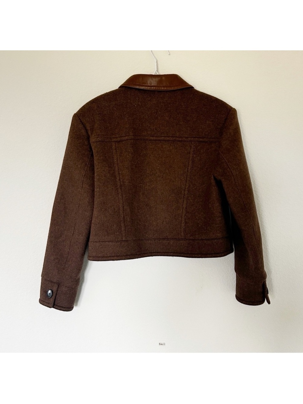 Sandro King Cropped Wool Twill Jacket Leather Collar - Picture 9 of 13